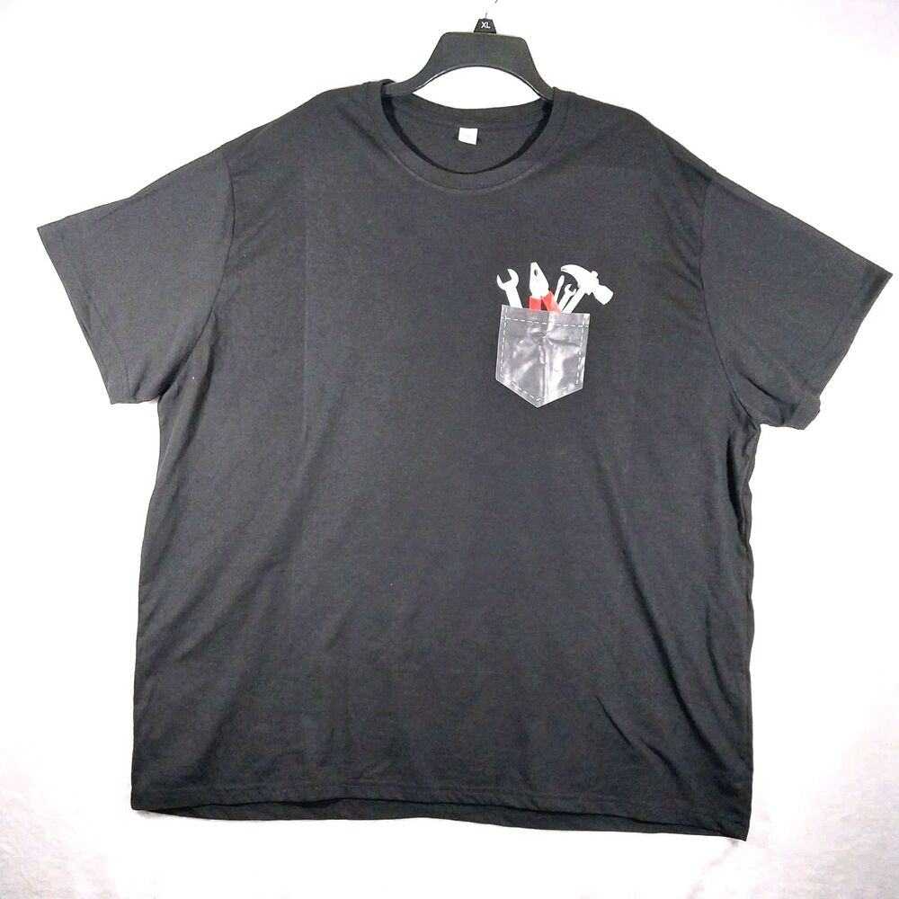 Men T-Shirt 4XL Black Graphic Faux Pocket Handyman Tools Hammer Wrench Crew#E104